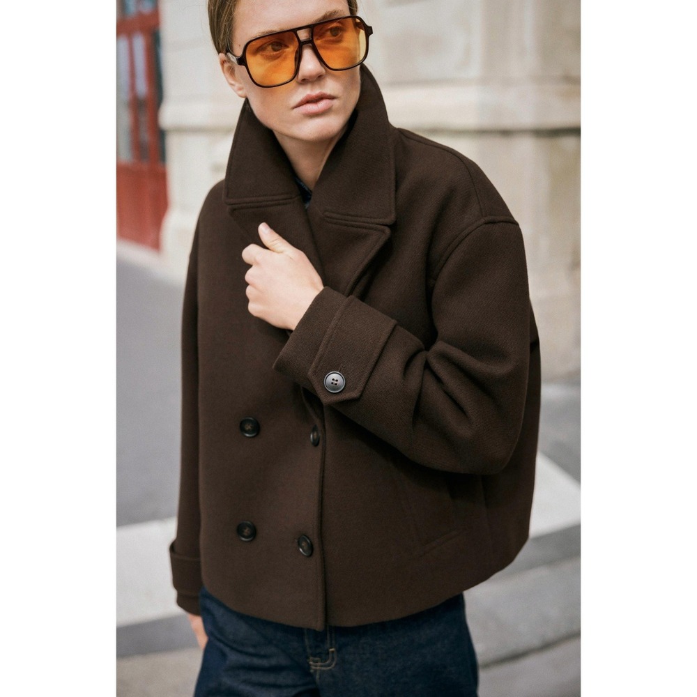 Zara Notch Lapel Double Breasted Cropped Peacoat Jacket Brown Women M